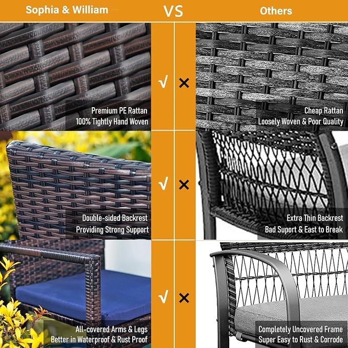Sophia & William 7pc Patio Dining Set, Wood-Like Metal Table, Wicker Chairs | All Weather Patio Table and Chairs Set for 6, Perfect for backyard, deck, porch