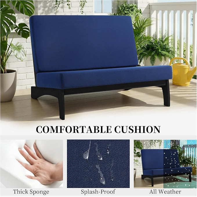 3 Piece Teak Outdoor Patio Frutnire Set, 5 Seater Patio Conversation Sets with Thick Cushions, Outdoor Sectional Furniture with Coffee Table - Navy Blue