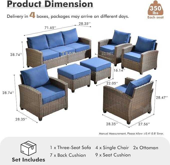 ovios 7 Pieces Patio Furniture Set, Outdoor Wicker Sofa Couch with 4 Chairs Comfy Cushions, All Weather Brown Rattan Conversation Set for Backyard Deck Porch, Navy Blue