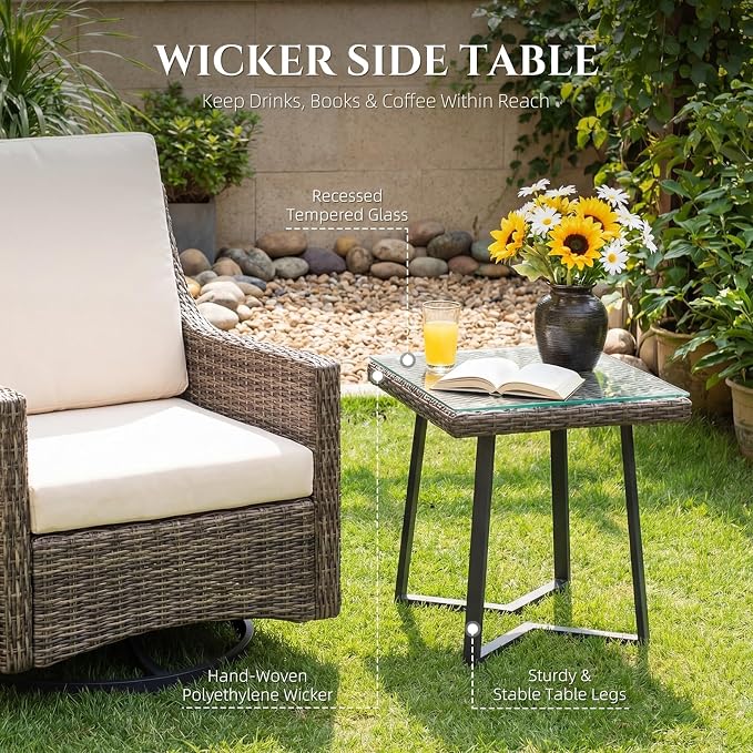 Outdoor Swivel Rocker Patio Chair with Premium Cushion, High Back Wicker Patio Swing Glider for Deck, Porch, Patio and Poolside (Beige, 3 Pcs - Swivel Glider & Side Table)