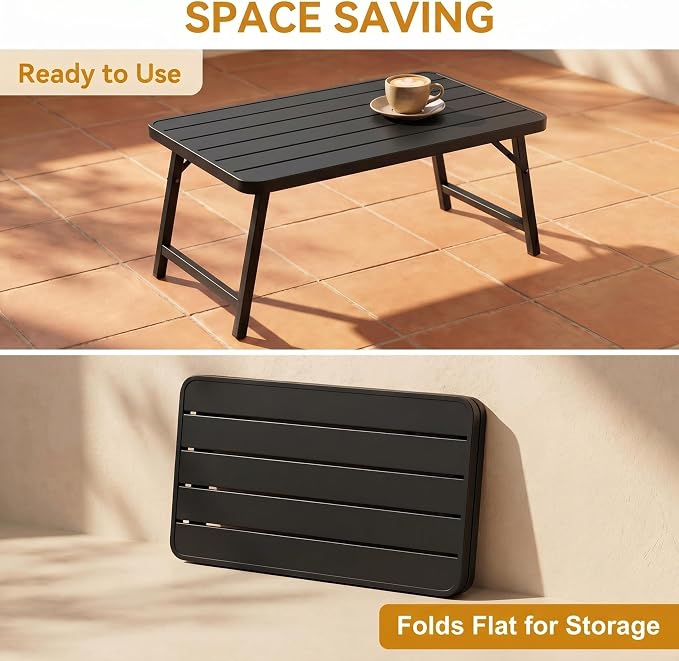 Outdoor Folding Coffee Table, 35.43 × 17.72 × 15.35 Inch Foldable Iron Patio Table, Weather-Resistant, No Assembly Required Black