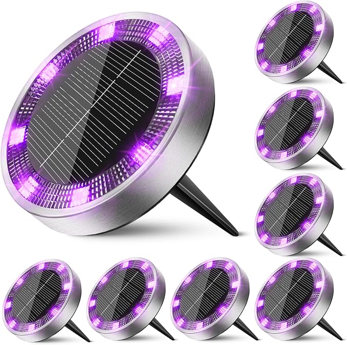 Solar Ground Lights Outdoor, 8 Pack Flat Solar Powered Disc Lights, IP68 Waterproof, Anti-Rust, Landscape Lighting for Pathway Garden Yard Lawn Walkway Landscape Driveway, Purple