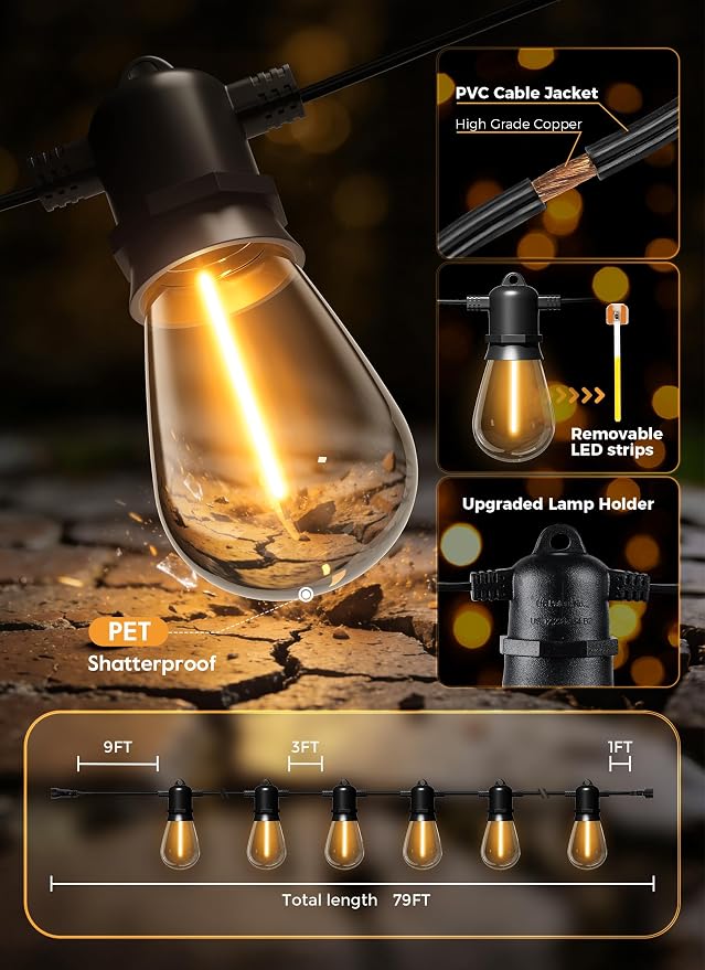 Minetom 79FT Solar String Lights Outdoor Waterproof, S14 Patio Lights | 24 LED Shatterproof Bulb, Remote Type-C Port Timable, 3 Light Modes Dimmable Solar String Lights for Outside, Yard, Camping
