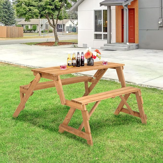 Tangkula 2-in-1 Convertible Wooden Picnic Table, Transforming Interchangeable Outdoor Bench Table with Umbrella Hole, Collapsible Picnic Table and Bench for Garden, Backyard, Porch, Patio