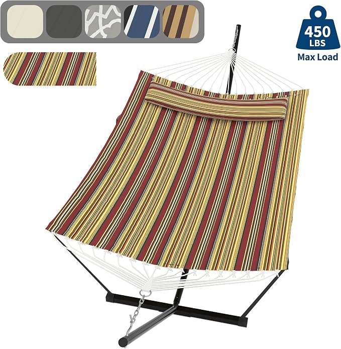IDEALHOUSE Double Hammock with Stand, 2 Person Outdoor Hammock, 450 Lb Capacity, Pillow Included, 12 ft Stand for Patio, Backyard, Poolside, Red and Yellow Stripes