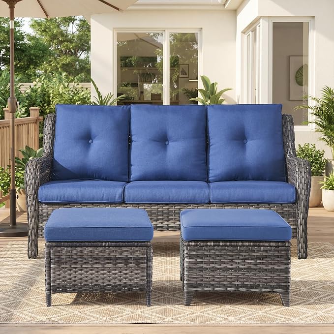 Belord 3-Piece PE Wicker Outdoor Sofa with 2 Ottomans, Luxury Patio Couch Convertible to Chaise Lounge, All-Weather High Back Deep Seat Woven Furniture for Deck, Porch - Grey/Blue