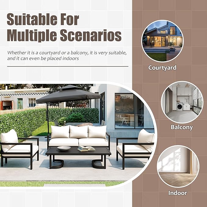 VilroCaz 4-Piece Outdoor Steel Sofa Set, All Weather Patio Conversation Set with 1 Love Sofa, 2 Single Sofas, Coffee Table, Waterproof Cushions, Suitable for Backyard, Poolside Gardens (Beige-Z)
