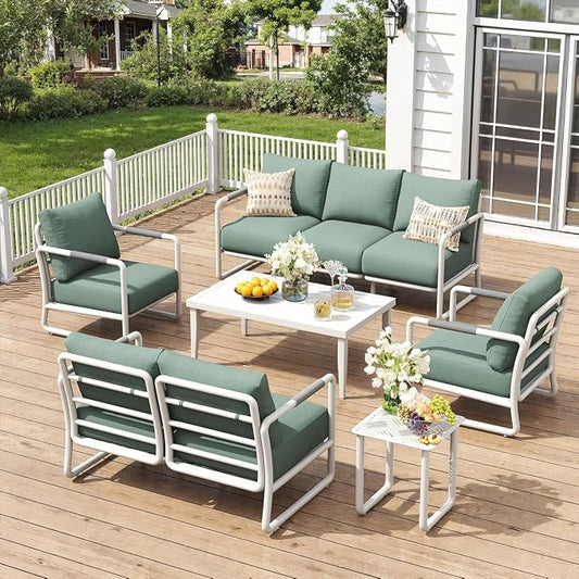 6-Piece All-Weather Aluminum Patio Conversation Set, Outdoor Sofa with Coffee Table & Thick Cushions, Modern Garden, Porch Seating for Backyard, Poolside, White