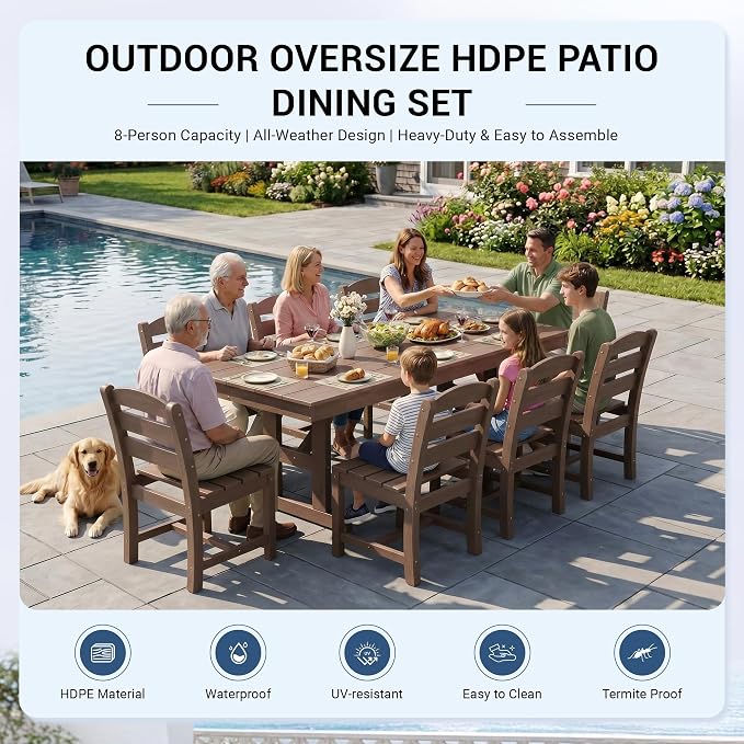 KINGYES 8-Person Outdoor Patio Dining Set with Patio Umbrella,84 inch HDPE Rectangular Table and Chairs Set，Waterproof Furniture Set with Umbrella Hole for Backyard,Brown