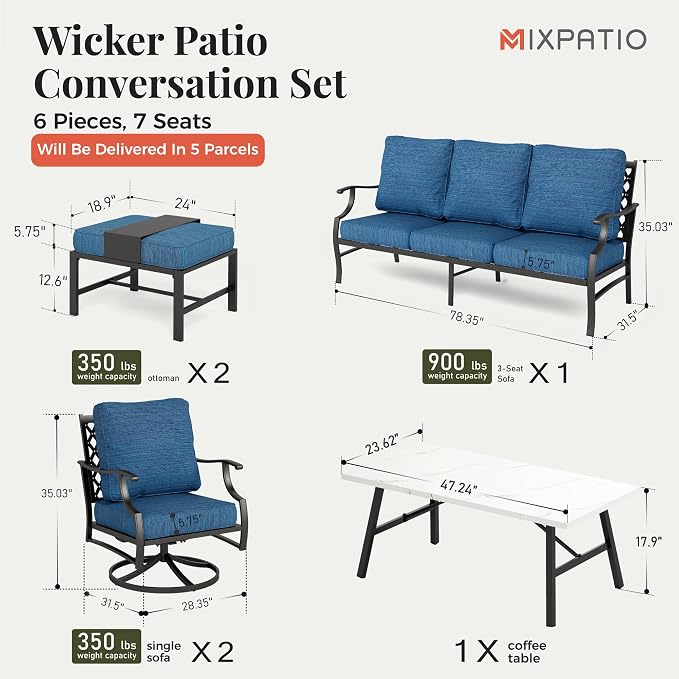 MIXPATIO Patio Furniture Set 6 pcs, Outdoor Patio Furniture, 3-Seat Sofa, 2 Swivel Chairs, 2 Ottomans, Coffee Table and 5.75" Extra Thick Cushion, Conversation Set for Backyard Deck, Gemstone Blue