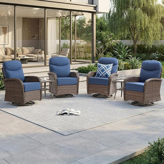 Outdoor Swivel Rocking Chair Patio Set (6PCS), High-Back - Thick Cushion Swivel Rocking Chair Patio Set, All-Weather Wicker Patio Furniture Set, Suitable for Balcony Patios, Brown/Blue
