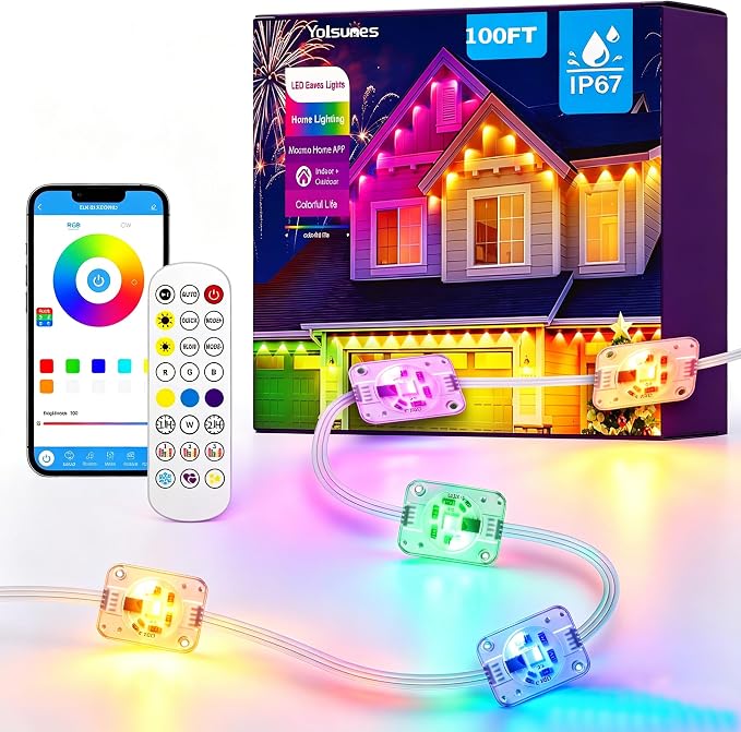 Permanent Outdoor Lights for House 100ft RGB+IC Eave Lights | IP67 Waterproof Smart LED Outdoor Lights with 16M Colors, App/Remote Control for Christmas, Halloween, Daily, Party
