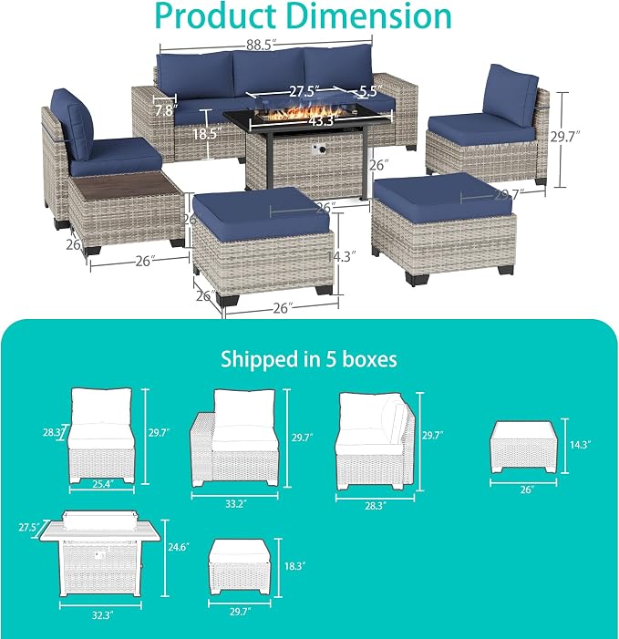 9-Piece Outdoor Patio Furniture Set with 55,000 BTU Fire Pit Table, PE Wicker Rattan Sectional Sofa Patio Conversation Set with Ottomans & Coffee Table, Dark Blue
