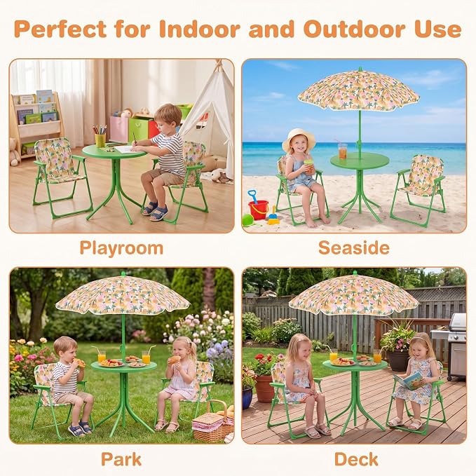 KOTEK Kids Picnic Table with Umbrella, Outdoor Table & 2 Folding Chairs, Cute Pattern Children’s Patio Furniture, Portable Kids Table and Chair Set for Backyard, Garden, Beach (Green Forest)