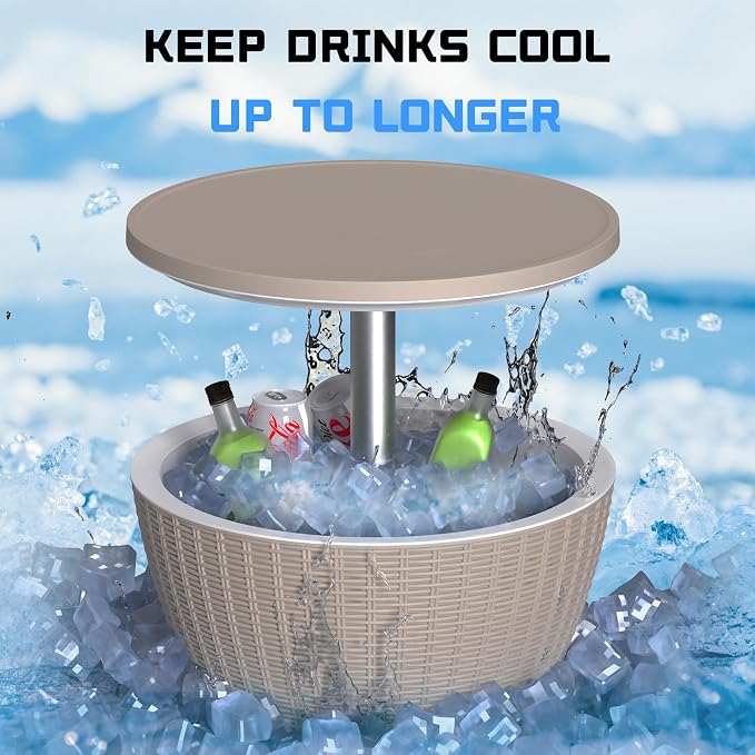 Outdoor Cooler Table – Adjustable Height with Built-in Ice Cooler Side Table, Resin Cool Bar for Patio, Party, Pool, Garden (Gray)