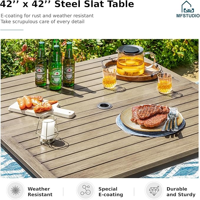 MFSTUDIO 5-Piece Patio Dining Set, Swivel Metal Chairs, Umbrella Hole | 42" Square Wood-Look Metal Table, Black, Removable Cushions
