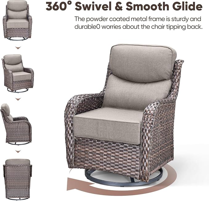 Luxury Patio Furniture Set 7pcs with 6-inch Cushion, Outdoor Furniture with Coffee Table, Swivel Chairs, Sofa, Side Table, Ottomans, Patio Set for Deck Yard and Poolside Grey Wicker | Grey Cushions