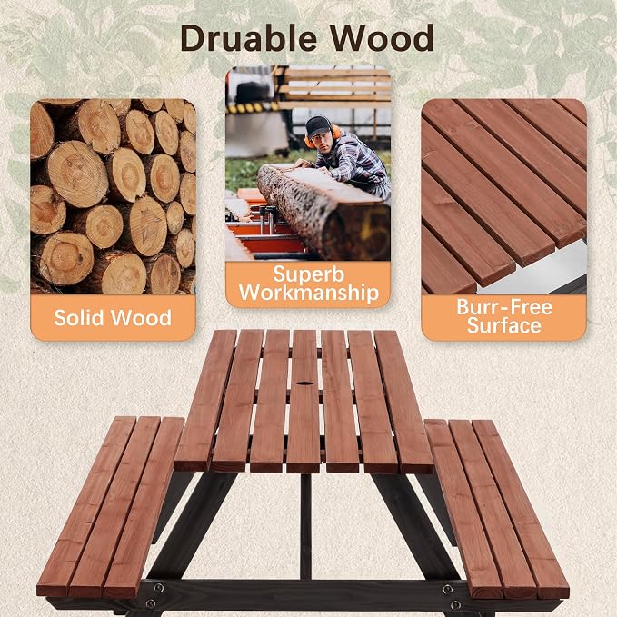 75" Outdoor Wooden Picnic Table with Benches Set, Dining Table Set with 2-Inch Umbrella Hole, One-Piece Wood Picnic Table for Backyard Garden Patio Party Gathering