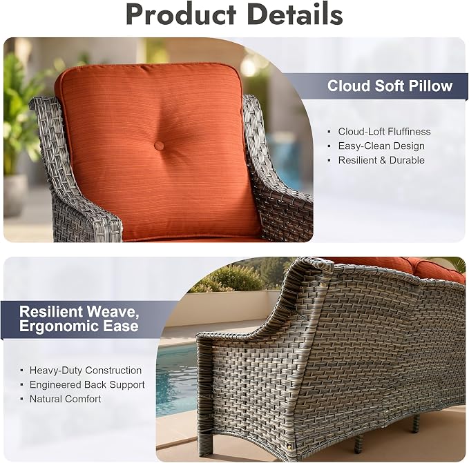 6 PCS Patio Furniture Set, Deep Seat High Back Outdoor Conversation Set with Ottomans, Wicker Outside Furniture with Solar Light Coffee Table for Porch Backyard Balcony, Sunroom, Orange
