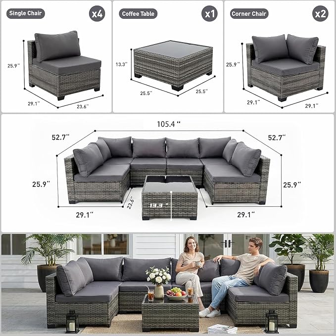 7-Piece Patio Furniture Set, Outdoor Wicker Conversation Sofa Set with Coffee Table & Extra Thick 8.5" Cushions, All-Weather Sectional for Backyard, Porch, Poolside (Gray, 7PCS)