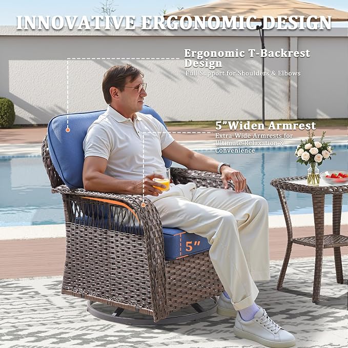 4 Piece Outdoor Patio Furniture Set with Fire Pit Table, Wicker Patio Conversation Set with 2 Swivel Rocker Chairs Rattan Sofa and Removable 5" Thick Cushions for Deck Backyard Blue