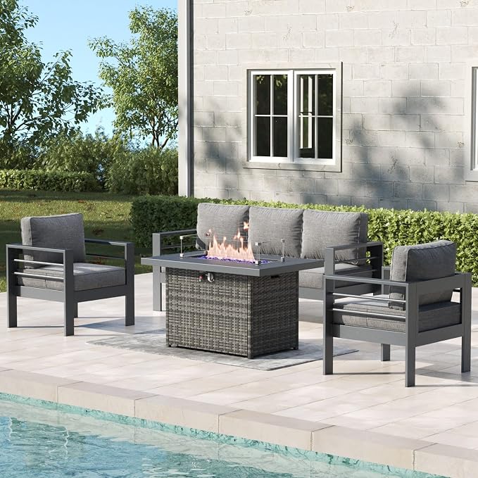 4 Pieces Aluminum Outdoor Patio Furniture Set with Fire Pit Table, Modern Metal Conversation Sofa Set with Deep Seating