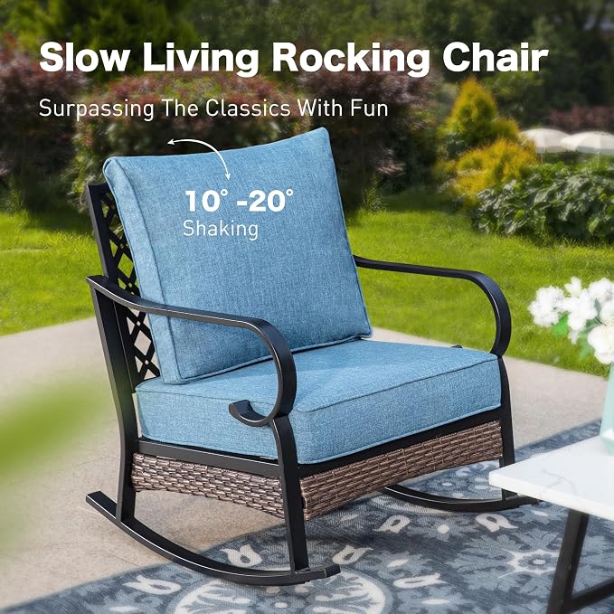 SUNSHINE VALLEY 4 PCS Metal Outdoor Patio Furniture Set, Patio Conversation Sets 1 3-Seater Sofa, 2 Rocking Chairs with 5.75" Extra Thick Cushion & Coffee Table, Black Backyard Furniture, Denim Blue