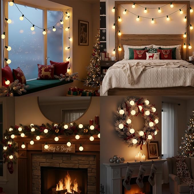 25FT G40 Christmas Lights, 25 Frosted White Bulbs, Green Wire | IP44 Weatherproof, 5W Glass Incandescent Bulbs, E12 Bases, 2 Spares, Connects Up To 3 Strands for Trees and Pergolas