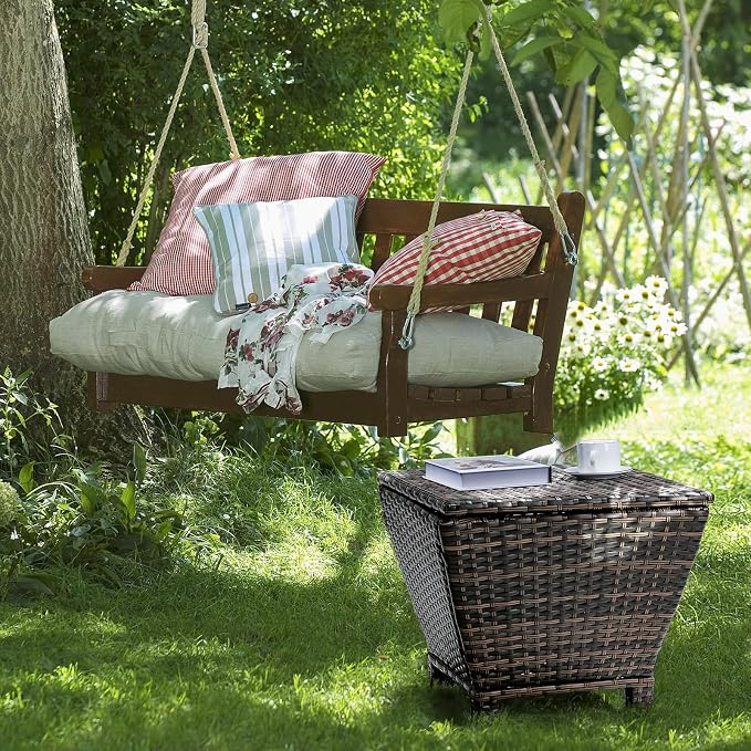 13 Gallon Patio Rattan Wicker Side Tables,All-Weather Outdoor Storage Box,Waterproof Patio Coffee Side Table,Outside Storage Coffee Tables,with Lid,for Garden Porch Poolside Deck Backyard (Brown)