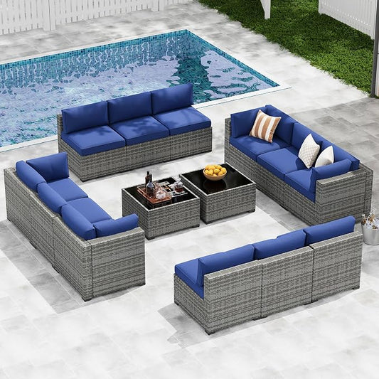 LazySunsets 14-Piece Patio Furniture Set, Wicker Rattan Outdoor Furniture with Thick Cushions, Patio Conversation Sets with Coffee Table, Outdoor Sectional Couch Sofa, Blue