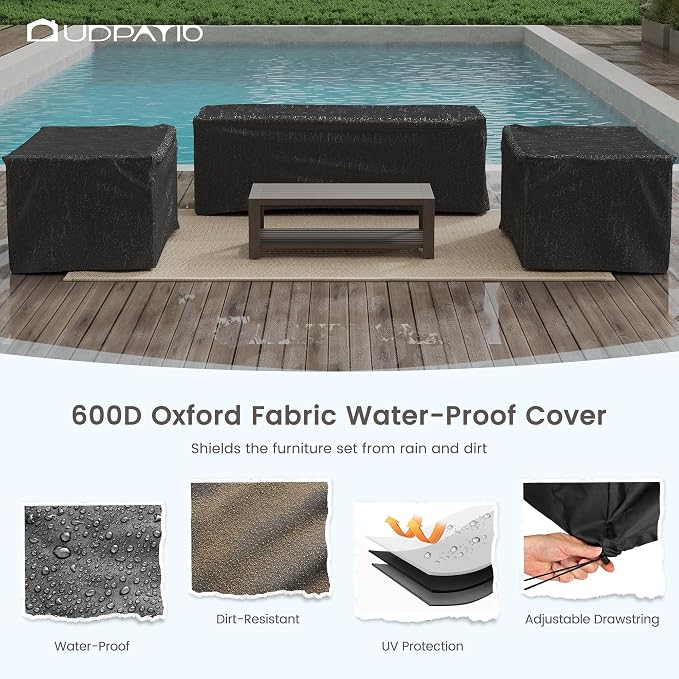 UDPATIO Aluminum Patio Furniture Set, Faux Wood Grain Modern Outdoor Furniture, 6" Cushions Metal Patio Conversation Sofa with Coffee Table for Poolside Porch, 8 PCS, Beige(Include 600D Covers)
