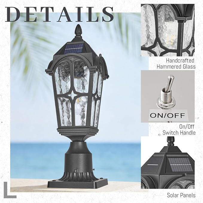 Solar Post Light Outdoor, 17.3 Inch Dusk to Dawn Pier Mount Lamp, Sand Black Aluminum with Seeded Water Ripple Glass, Waterproof Solar Pole Light Fixture for Garden Yard Pillar Patio