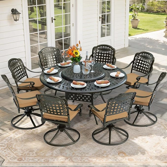 9-Piece Patio Furniture Dining Set, Cast Aluminum Outdoor Conversation Set- 61" Round Patio Dining Table with Detachable Lazy Susan & 8 Cushioned Swivel Rocker Chair, 2" Umbrella Hole, Khaki