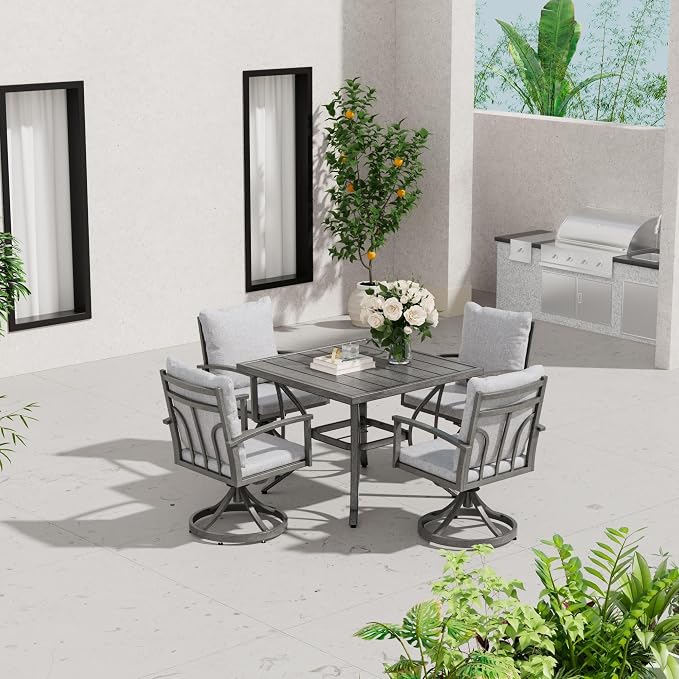 HAPPATIO 5-Piece Patio Outdoor Dining Set - All Aluminum Outdoor Patio Table and Chairs Set for 4 includes 1 Square Dining Table and 4 Swivel Dining Chairs, Patio Outdoor Dining Set for Lawn or Garden