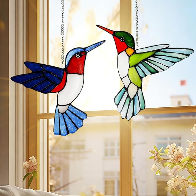 Hummingbirds Suncatcher Stained Glass, Hummingbird Suncatcher Ornament, Hummingbird Suncatcher for Grandma/Mom/Women (Blue)