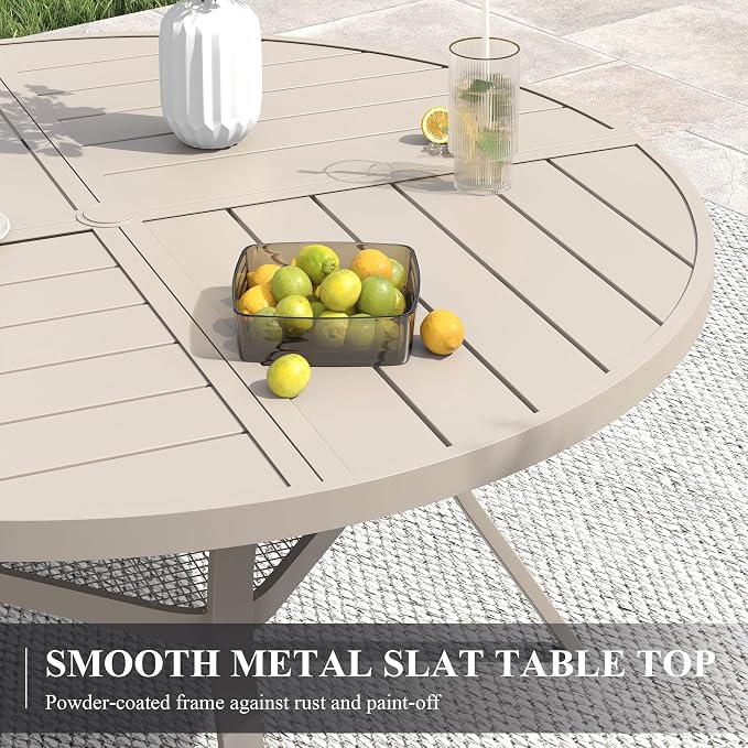 VICLLAX 63" Round Patio Table with Umbrella Hole, All Weather Metal Outdoor Dining Table for 8-10, Outside Table for Lawn Garden, Sandshell Color