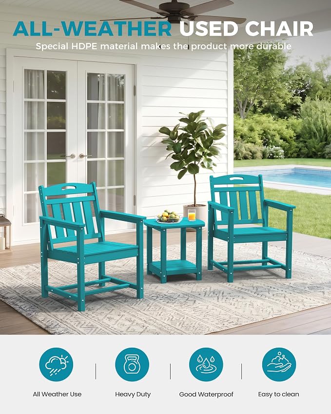 Ciokea HDPE Outdoor Patio Dining Chairs Set of 2, All-Weather Porch Chair with Wide Seat, Durable Outdoor Furniture for Backyard, Garden, Lawn & Poolside, Lake Blue