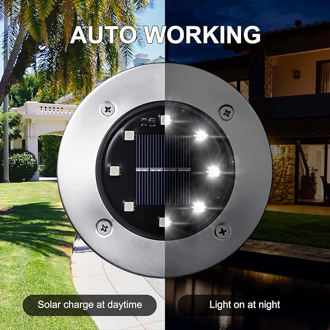 LYHOPE Solar Ground Lights Outdoor, 8 Pack 8 LED Solar Disk Lights Waterproof Garden In-ground Pathway Light Landscape Lighting for Lawn,Yard,Deck,Patio,Walkway (White)