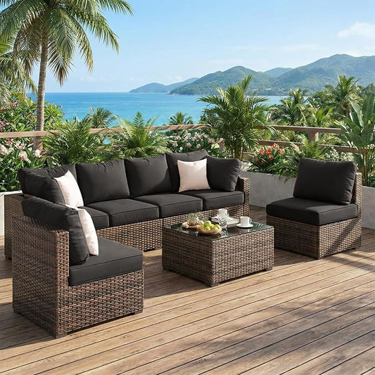 Grezone Patio Furniture Set 7 Piece Outdoor Wicker Sectional Sofa - All Weather High Backrest PE Rattan Couch Conversation Set with Cushion & Glass Top Table for Backyard Deck Porch Black