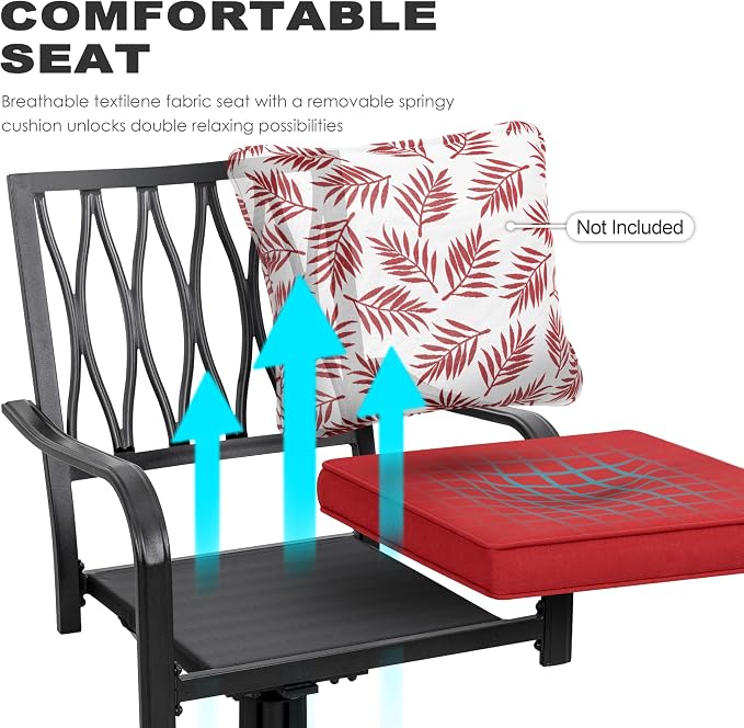 NUU GARDEN 5 Piece Outdoor Dining Set, Outdoor Furniture Set for Square Iron Umbrella Dining Table and 4 Cushioned Swivel Chairs, Black and Red Cushion