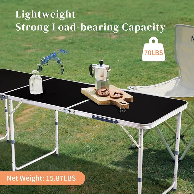 6-Feet Portable Folding Camping Table with Adjustable Height, Lightweight Aluminum Utility Table for Outdoor Camping Patio Picnic Backyard BBQ Dining Party, with Carrying Handle, Black