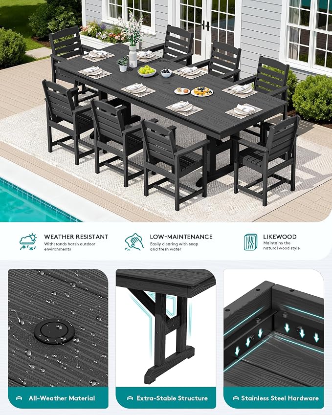 SERWALL Outdoor Dining Table, 84" Rectangular Dining Table for 6-8 Person, All Weather HDPE Outdoor Furniture for Backyard, Garden, Black