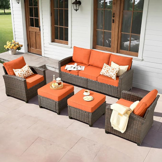 ovios 5 Pieces Patio Furniture Set, Outdoor Wicker Sofa Couch with Chairs Comfy Cushions, All Weather Brown Rattan Conversation Set for Backyard Deck Porch, Orange Red