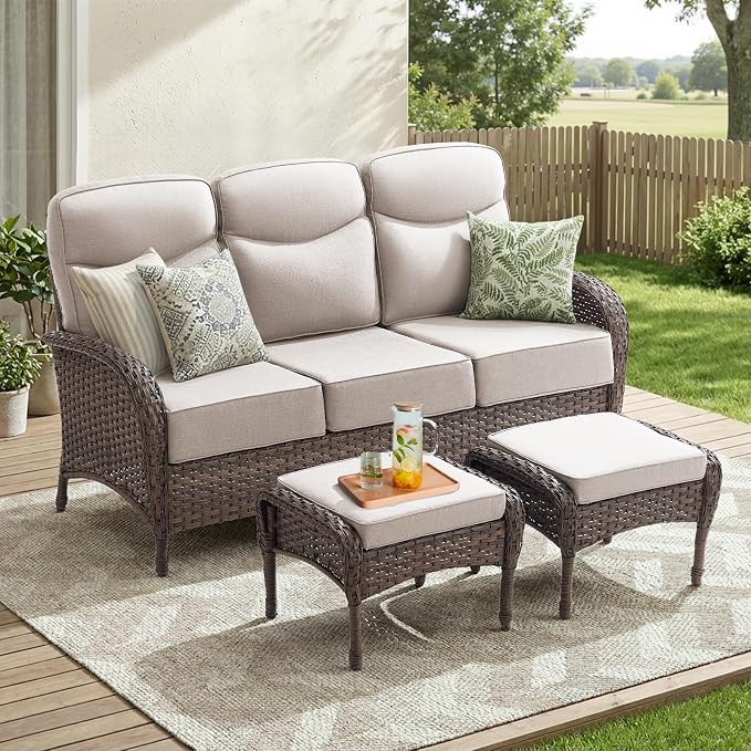 3 Pieces Luxury Patio Furniture Sofa Set with 6-Inch Thick Cushions, Outdoor Wicker Patio Furniture Covered Couch with Multifunctional Ottoman, Patio Conversation Set for Porch Garden, Beige