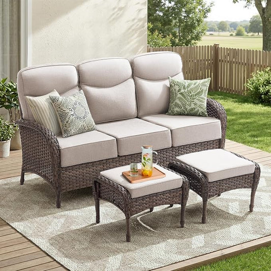 3 Pieces Luxury Patio Furniture Sofa Set with 6-Inch Thick Cushions, Outdoor Wicker Patio Furniture Covered Couch with Multifunctional Ottoman, Patio Conversation Set for Porch Garden, Beige