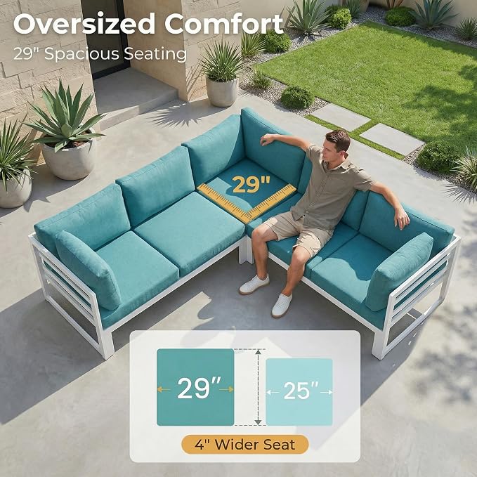 RADIATA 7 Seater Extra Large Modern Aluminum Outdoor Sofa with Lay Out Chair & Fire Pit Table, 500 lbs Durable Sectional Set for Heavy People, All Weather Comfy Patio Furniture Set for Backyard, Teal
