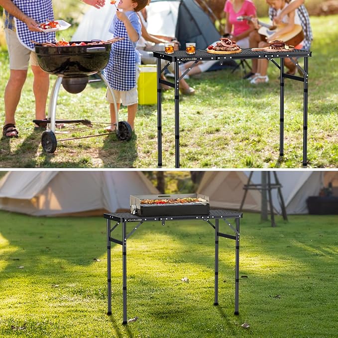 GARLLEN 3 Adjustable Height Folding Grill Table and Camping Table,Lightweight Folded Picnic Table for Camping, BBQ, Outdoor
