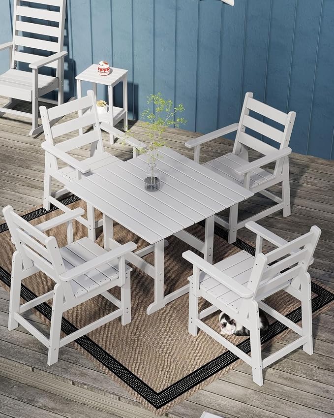 GREENVINES 5-Piece-Outdoor-Dining-Set | HDPE | Square | Patio Furniture | All Weather | Removable Armrests | Slatted Table and Chairs Sets for 4 | for Backyard Poolside Garden | White