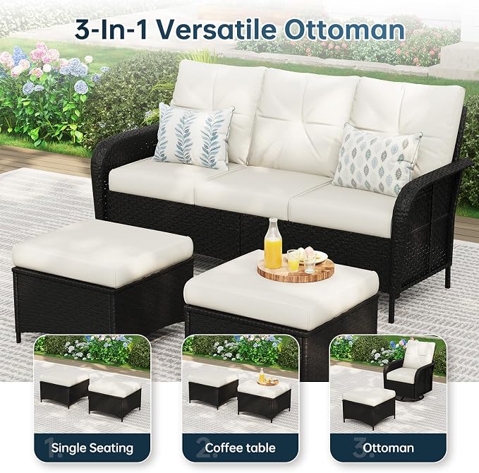 LazySunsets Luxury 9-Piece Patio Furniture Set, 360° Swivel Chairs, Wicker Rattan Sofa with Thick Cushion, Outdoor Conversation Set for Backyard, Poolside & Garden, Black/Beige