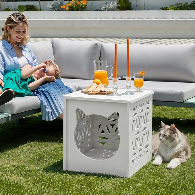 VINGLI Outdoor Side Table with Cat House and LED Light, 15.6" Resin Waterproof Square Side Table End Table for Patio Garden Balcony Porch (White)